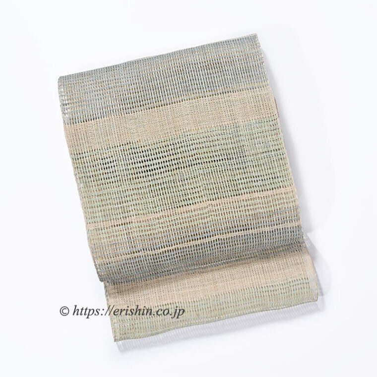 八寸織名古屋帯（羅平織/錆青磁に亜麻色の段・麻）[夏向]