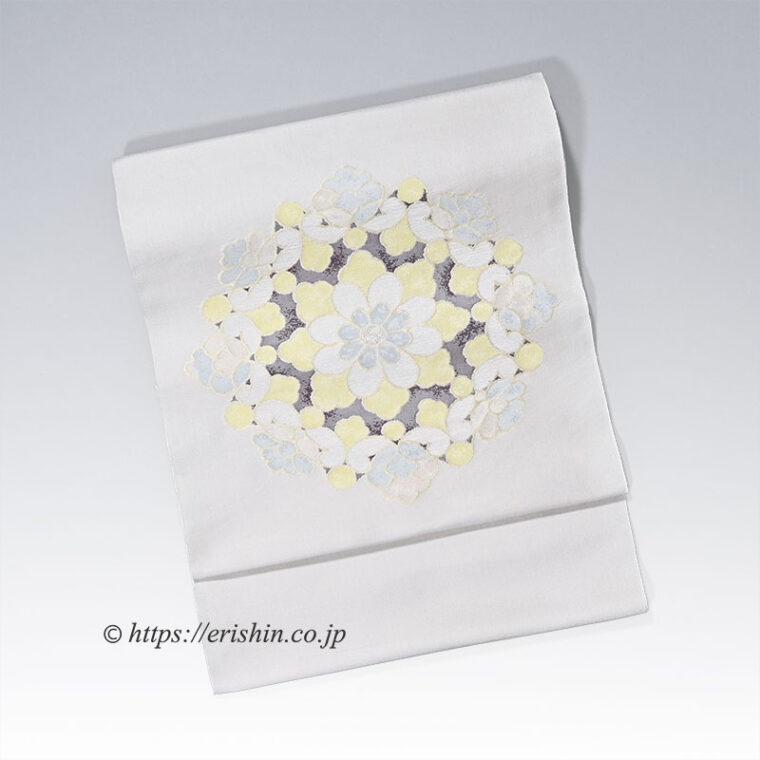 洛風林　九寸織名古屋帯（正倉院華文/白銀色）