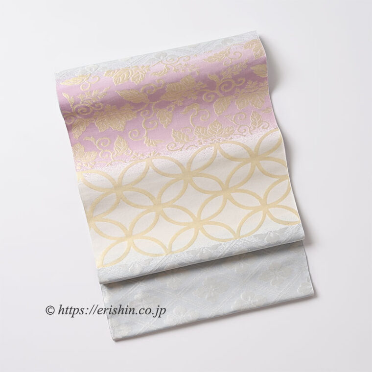 洛風林　九寸織名古屋帯（名物裂集/紅藤色×白藍色）