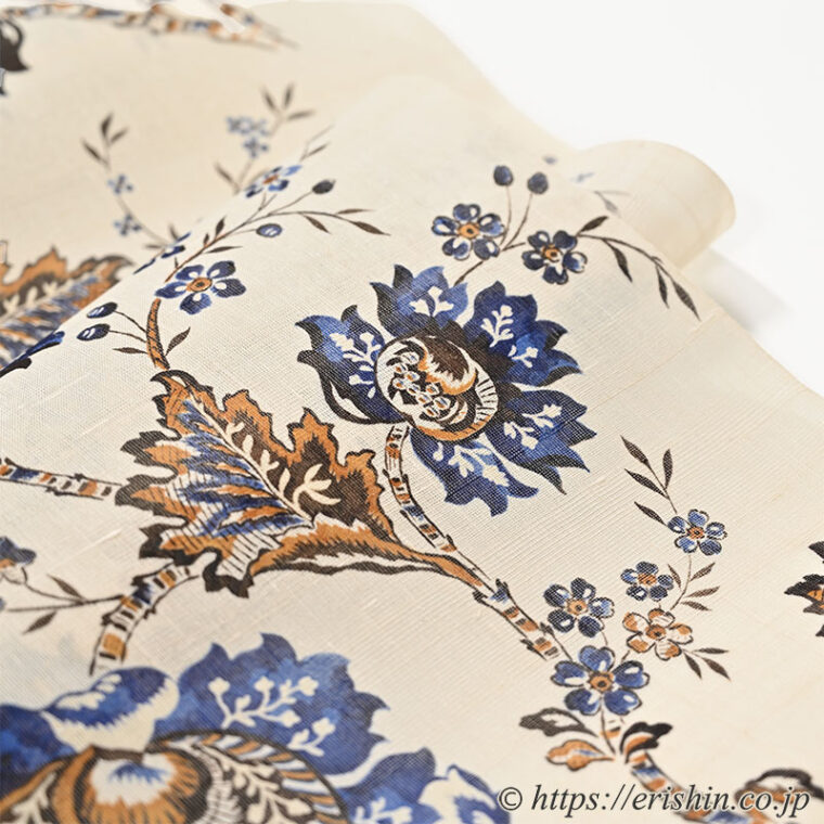 多ち花　染名古屋帯（大花更紗・山吹茶に藍/生紬）