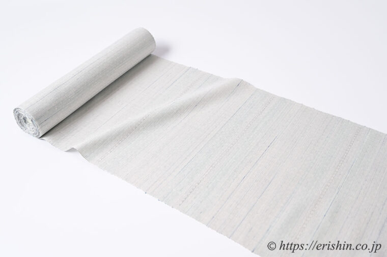 下井伸彦　下井紬/花織入朧緯段縞（白緑色に薄萌葱色や藍と白）