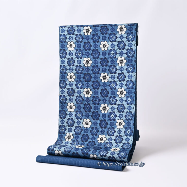 城間栄市　琉球本紅型 九寸染名古屋帯（小花づくし/藍型・松煙染）