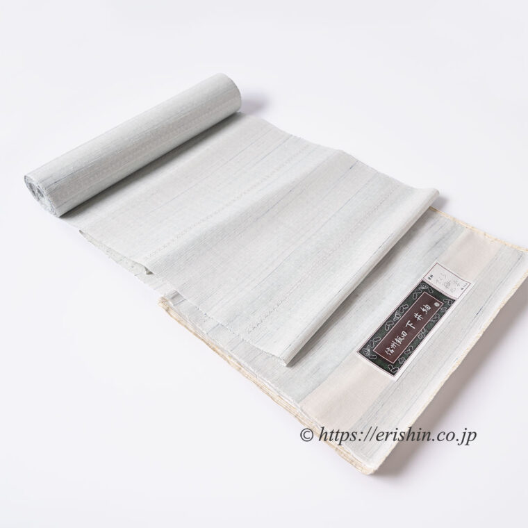 下井伸彦　下井紬/花織入朧緯段縞（白緑色に薄萌葱色や藍と白）