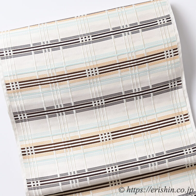 特選「美術工芸 啓 　九寸織名古屋帯（縞熨斗目/焦茶色の濃淡に水色と花葉色）」