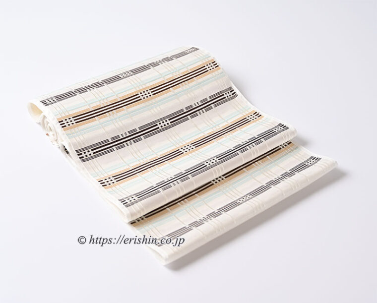 特選「美術工芸 啓 　九寸織名古屋帯（縞熨斗目/焦茶色の濃淡に水色と花葉色）」