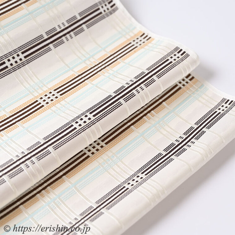 美術工芸 啓 　九寸織名古屋帯（縞熨斗目/焦茶色の濃淡に水色と花葉色）