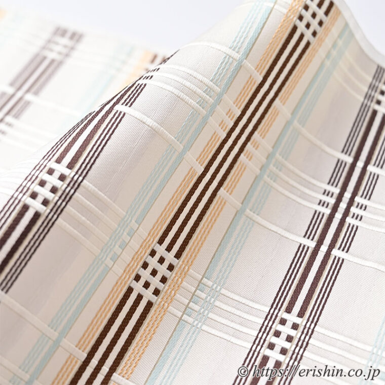 特選「美術工芸 啓 　九寸織名古屋帯（縞熨斗目/焦茶色の濃淡に水色と花葉色）」