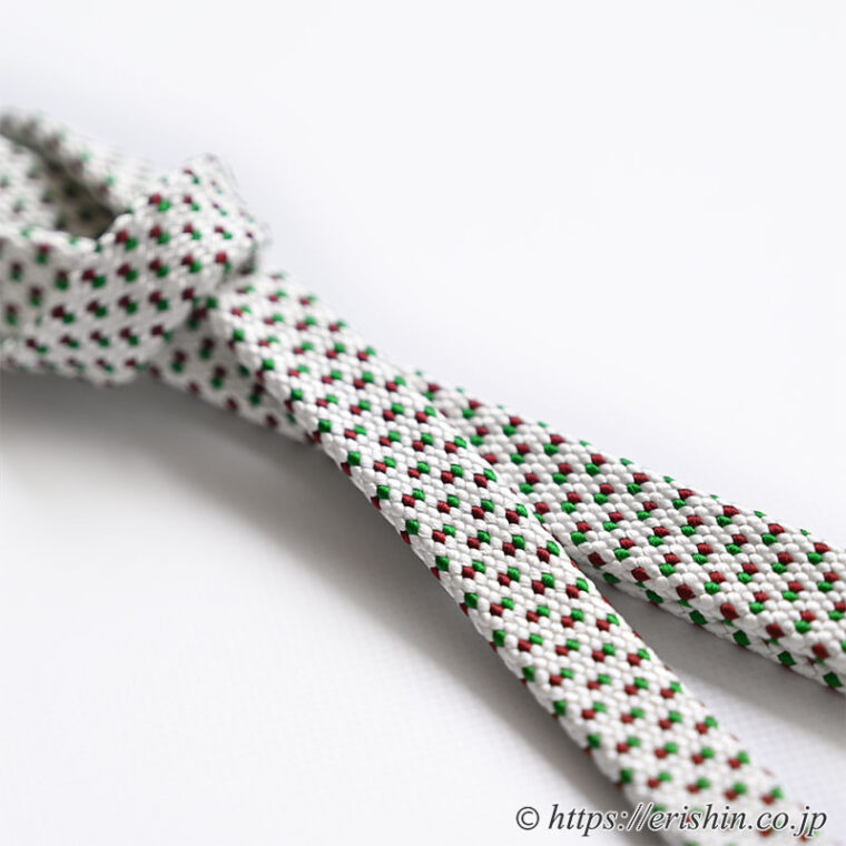 帯締め　東内記組（白に赤緑ドット/バチ房〔扇面房〕）