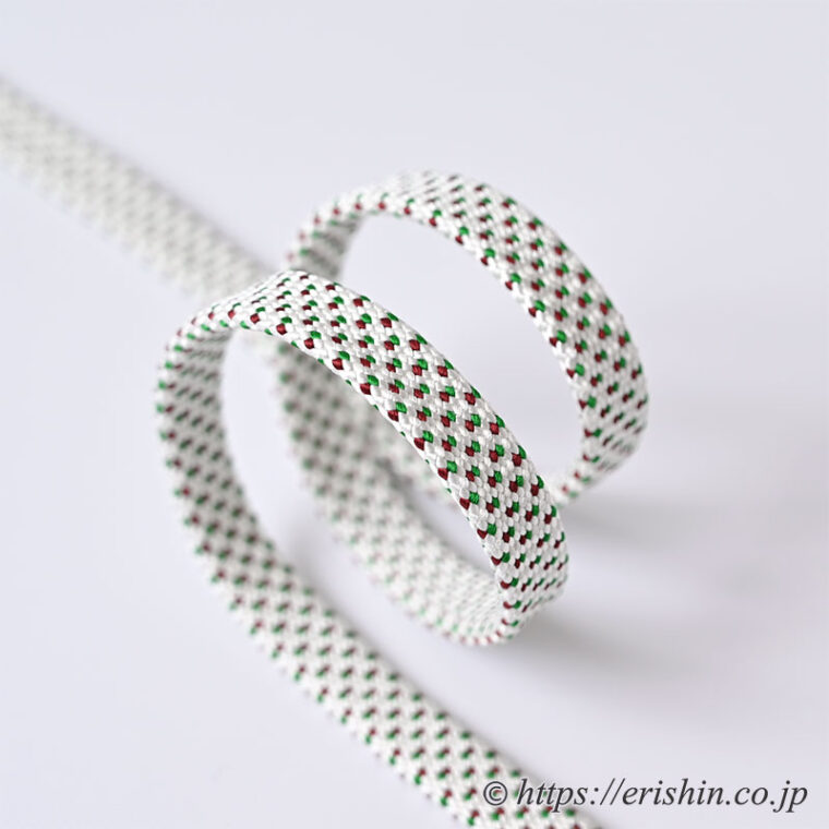 帯締め　東内記組（白に赤緑ドット/バチ房〔扇面房〕）