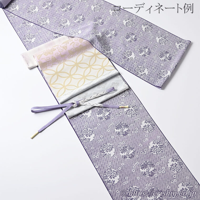 「根橋秀治　竺仙 文久小紋〔江戸小紋〕（雪輪に花景色/青みの紫紺色）」洛風林名古屋帯とのコーディネート例