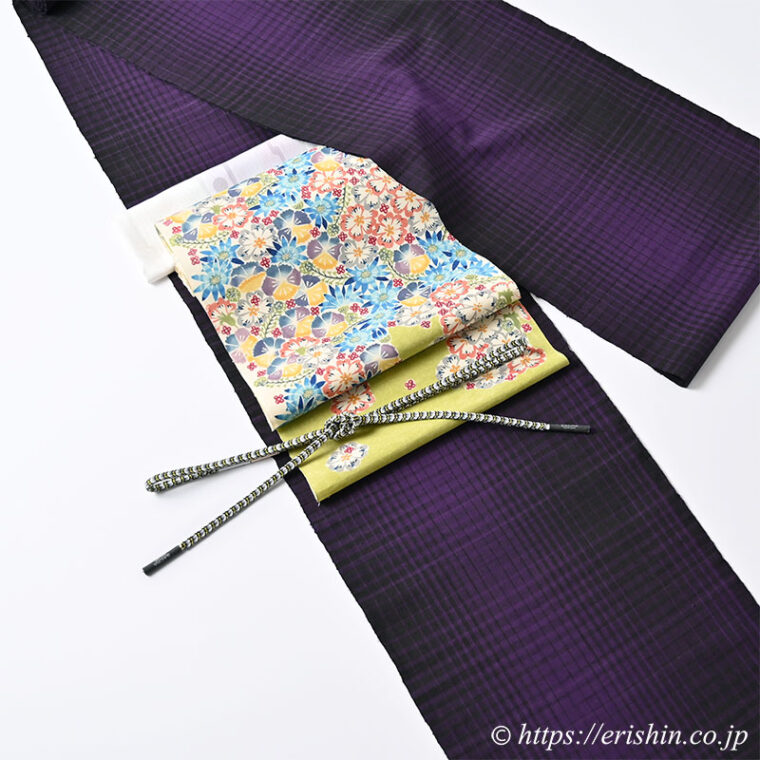 旬のお勧めコーディネート「冴えた紫色の士乎路紬を池深雪さんの帯で軽やかに」