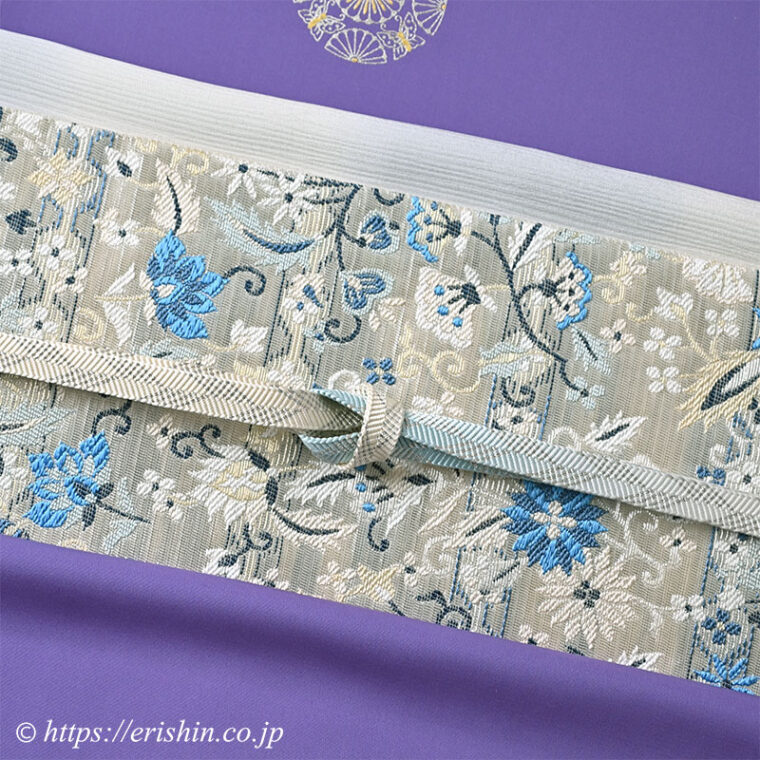 えり新オリジナル付下（銀彩蝶華紋/紫苑色）に袋帯（能装襷流し文/銀彩）