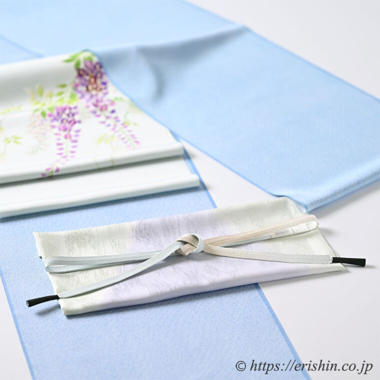 帯締め 笹浪組（月白色と淡い鳥の子色の暈し）と 帯揚げ（斜め山型暈し/白緑色×薄藤色）