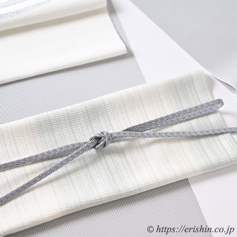 帯締め 平唐組レース（錫色）[夏・単衣向]と帯揚げ（段暈かし/錆青磁色・乱絽楊柳）［夏・単衣向］