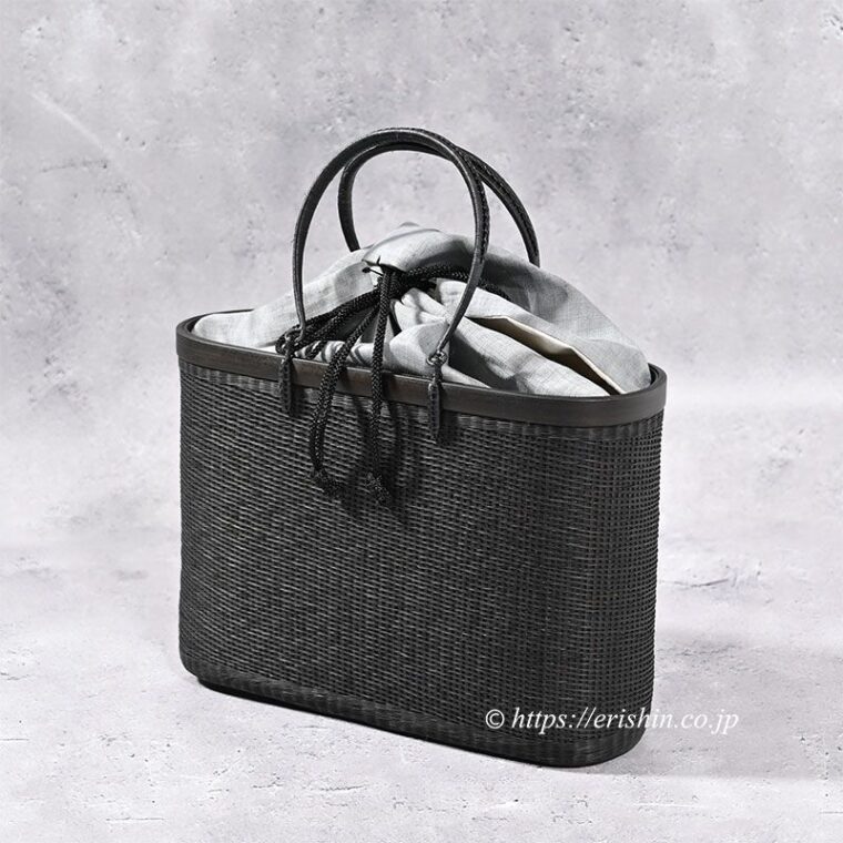 竹籠バッグ（薄墨色麻巾着付き/黒檀色・深型）