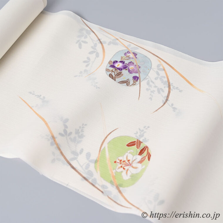 染名古屋帯（琳派の団扇景色の背景に萩/無双） [夏・単衣向]