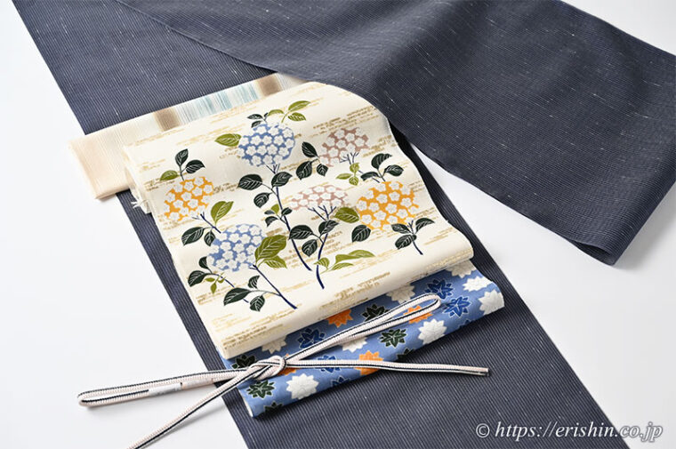 旬のお勧めコーディネート「白たか上布に小袖の紫陽花の染帯」