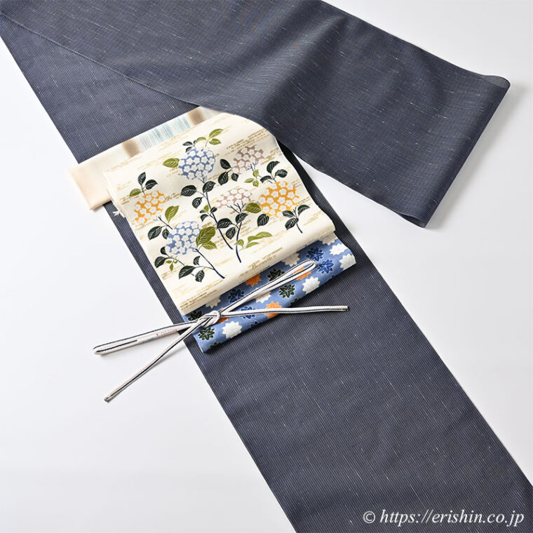 旬のお勧めコーディネート「白たか上布に小袖の紫陽花の染帯」