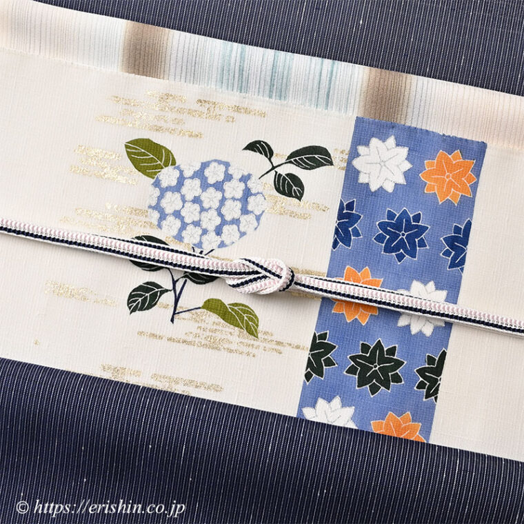 旬のお勧めコーディネート「白たか上布に小袖の紫陽花の染帯」
