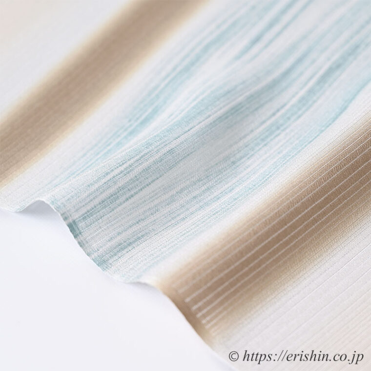 帯揚げ（横段しけ暈し/鳥の子色に茶と青・乱絽）[夏・単衣向] 渡敬