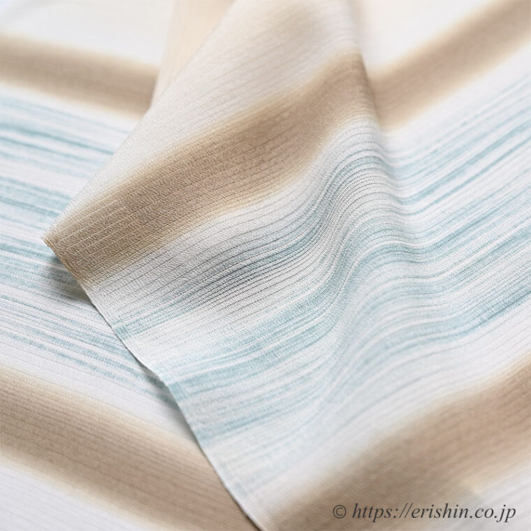 帯揚げ（横段しけ暈し/鳥の子色に茶と青・乱絽）[夏・単衣向] 渡敬