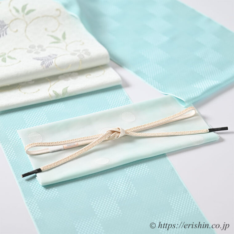 帯締め 高麗網目レース[夏・単衣向]と帯揚げ（水玉縫い取り暈し/青磁色・紗） [夏・単衣向]