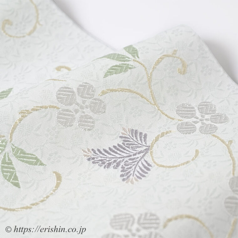 九寸織名古屋帯（天神唐草文/淡い青磁色）[夏・単衣向]