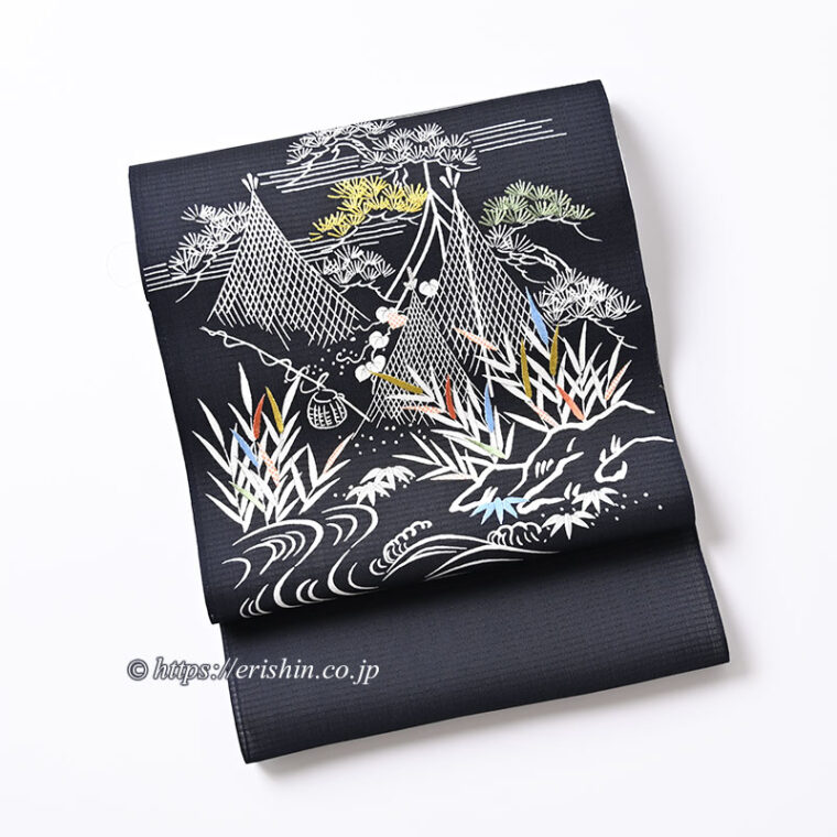 染名古屋帯（網干や葦の水辺の風景/藍墨茶・紗紬）[夏・単衣向]