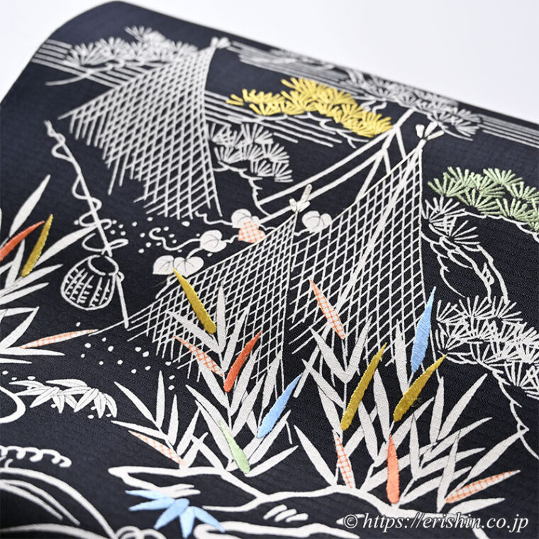 染名古屋帯（網干や葦の水辺の風景/藍墨茶・紗紬）[夏・単衣向]