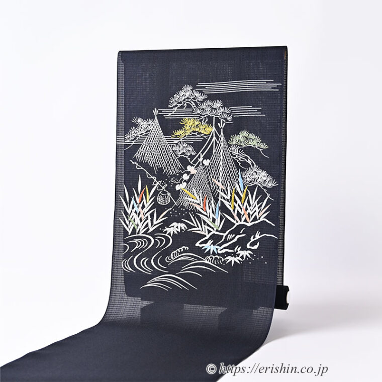 染名古屋帯（網干や葦の水辺の風景/藍墨茶・紗紬）[夏・単衣向]