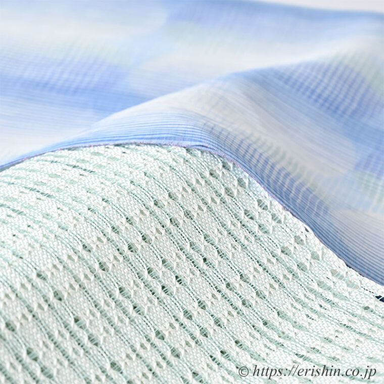 旬のお勧めコーディネート「円奏暈しの小千谷縮に変わり羅の帯を」