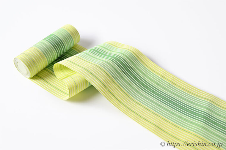 博多半幅帯（麻絹/若芽色に緑の縞）西村織物