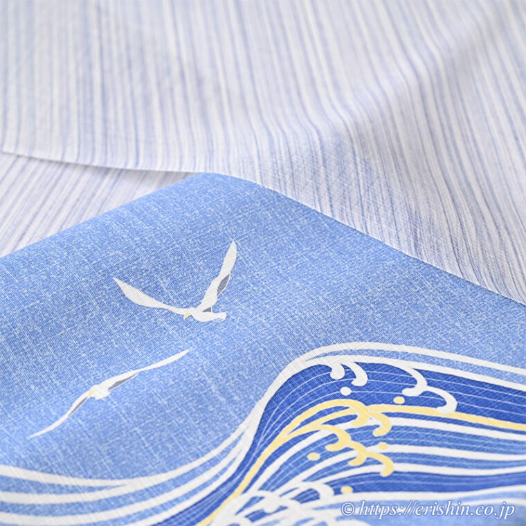 旬のお勧めコーディネート「悠々とカモメが飛ぶ空や海」夏小紋（しけ引き/絽紬地）に 大村幸太郎 染名古屋帯（かもめに波）