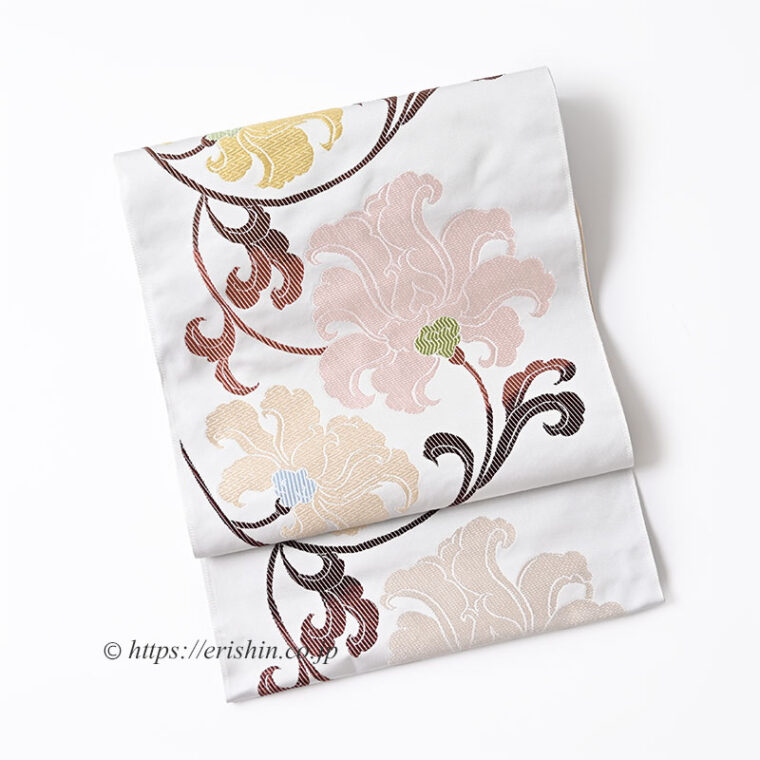 洛風林　九寸織名古屋帯（悠久花文/銀鼠色）「着物と帯・呉服えり新」