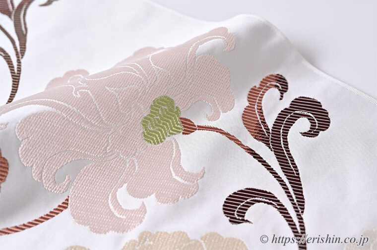 洛風林　九寸織名古屋帯（悠久花文/銀鼠色）「着物と帯・呉服えり新」