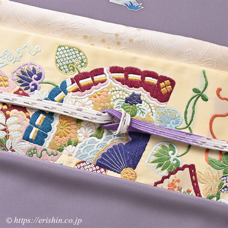 帯締め 貝の口雲型（藤紫）と 帯揚げ（葡萄唐草/金の縫取り葡萄）