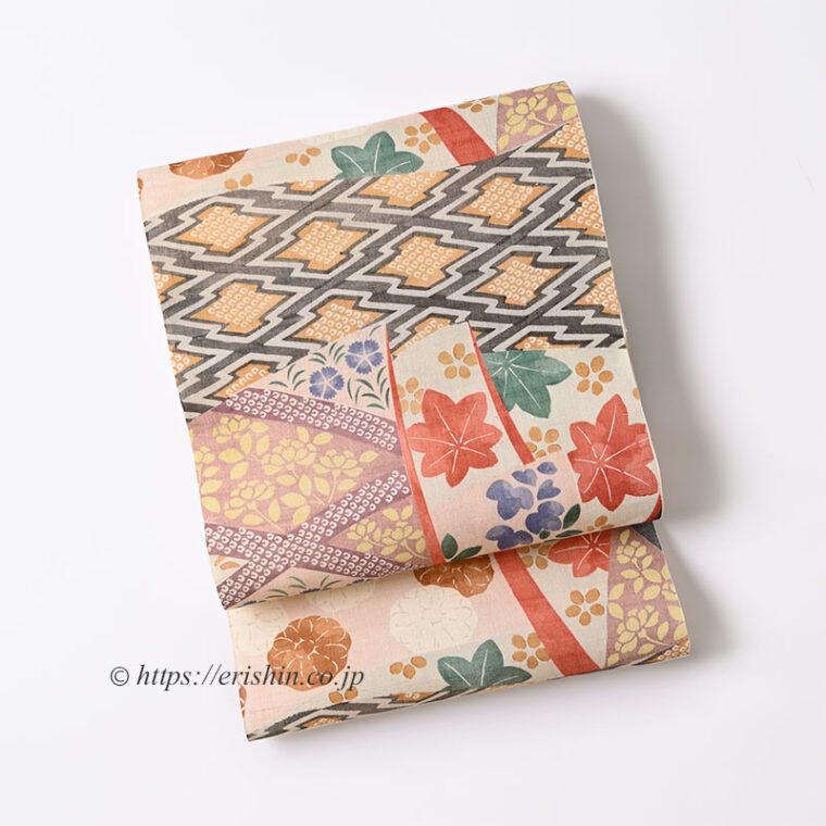 多ち花　染名古屋帯（誰が袖・赤丹色〔あかにいろ〕や青藤色/生紬）