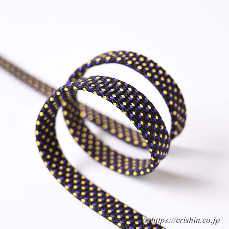 帯締め　東内記組（黒に黄と紫ドット/バチ房〔扇面房〕）「着物と帯・呉服えり新」