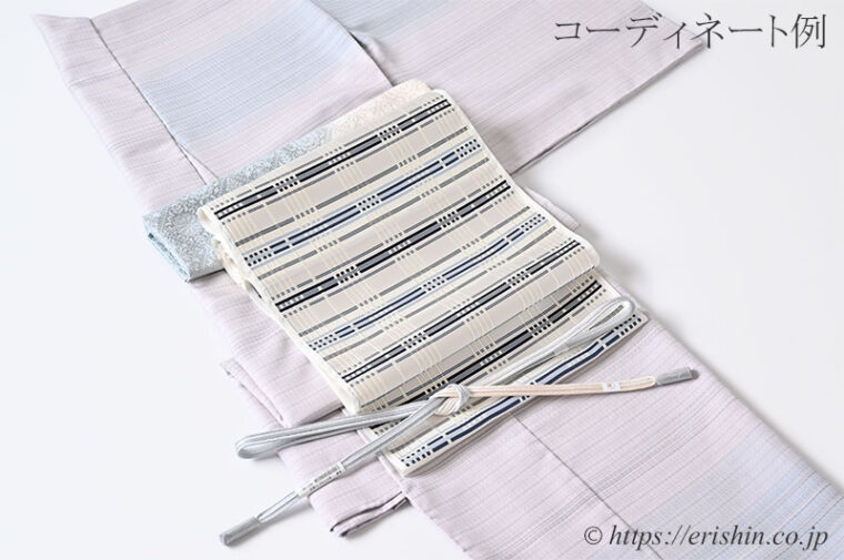 美術工芸 啓　九寸織名古屋帯（錦熨斗目/深縹色を中心に水色を添えて）のコーデイネート例