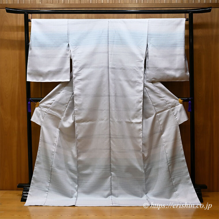 特選「下井伸彦　下井紬・熨斗目調絵羽（白菫色に濃淡の藍/まるまなこ織）」