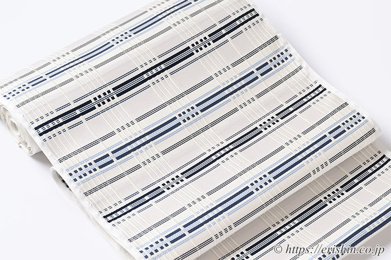 美術工芸 啓 九寸織名古屋帯(縞熨斗目/深縹色を中心に水色を添えて)