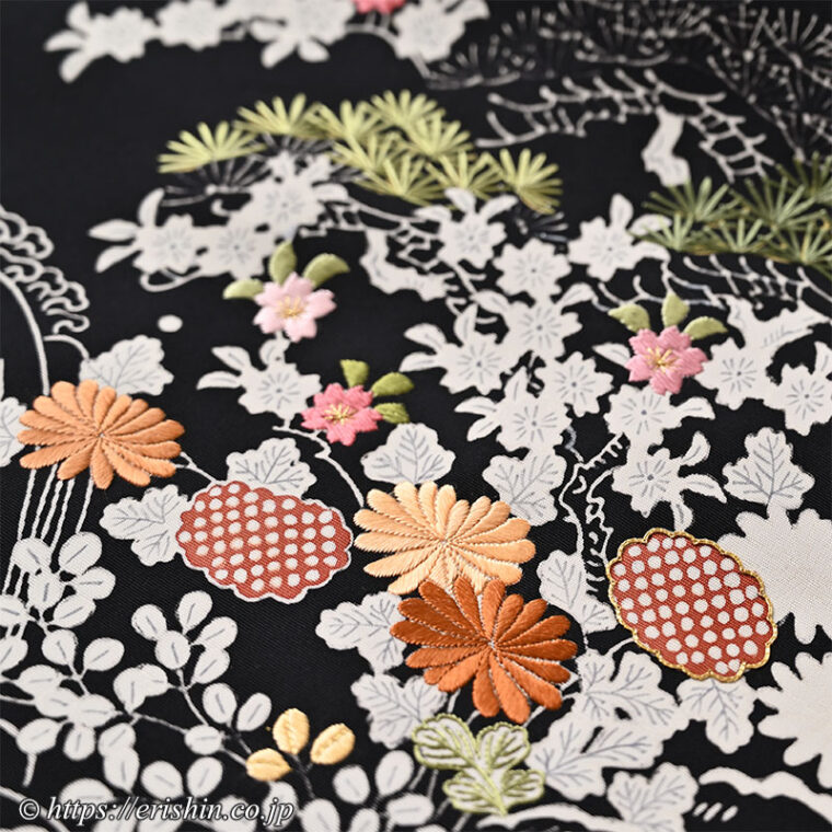 染名古屋帯（御所解き・流水に菊や松/塩瀬・黒地）