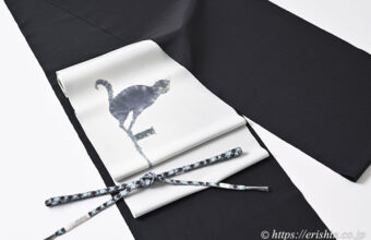 旬のお勧めコーディネート「森健持さんの風見猫の染帯に芝崎圭一さんの座繰紬」