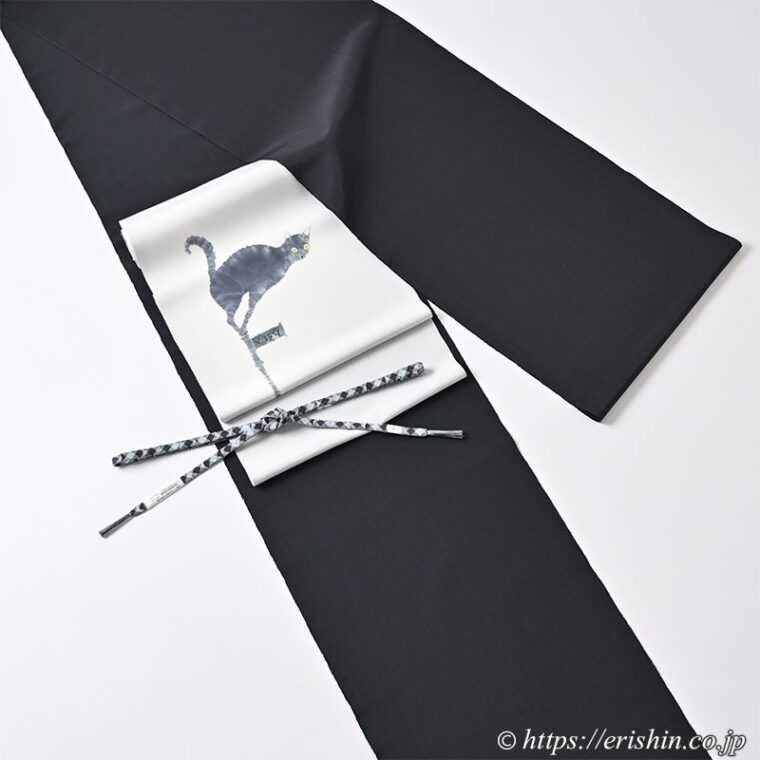 旬のお勧めコーディネート「森健持さんの風見猫の染帯に芝崎圭一さんの座繰紬」