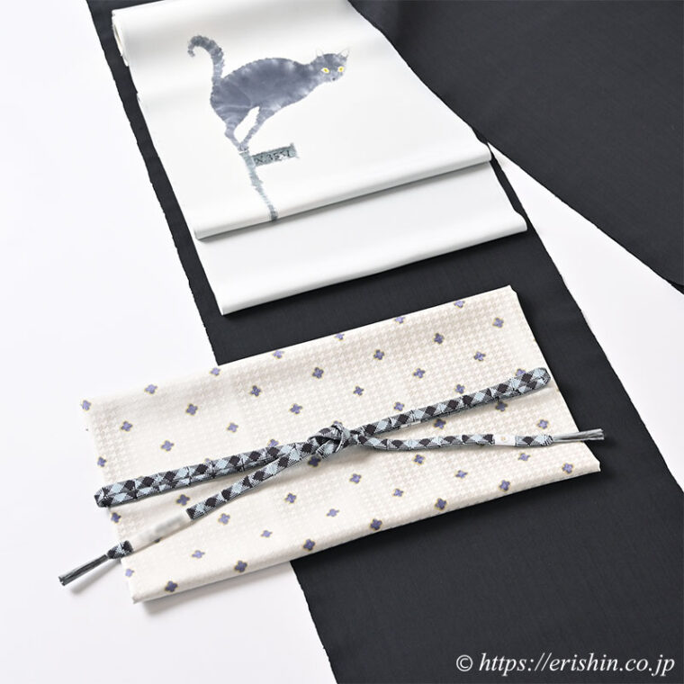 旬のお勧めコーディネート「森健持さんの風見猫の染帯に芝崎圭一さんの座繰紬」