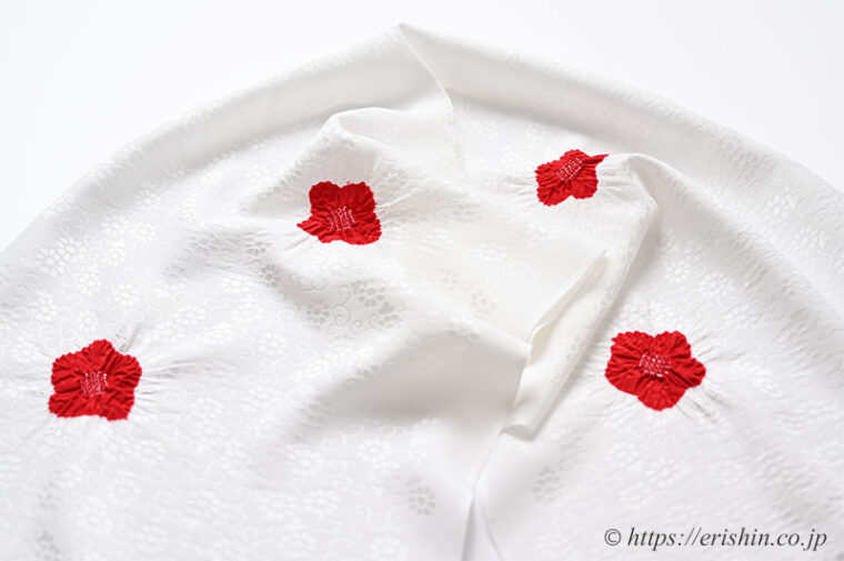 帯揚げ（絞り輪出し/白に紅梅・菊唐草地紋）