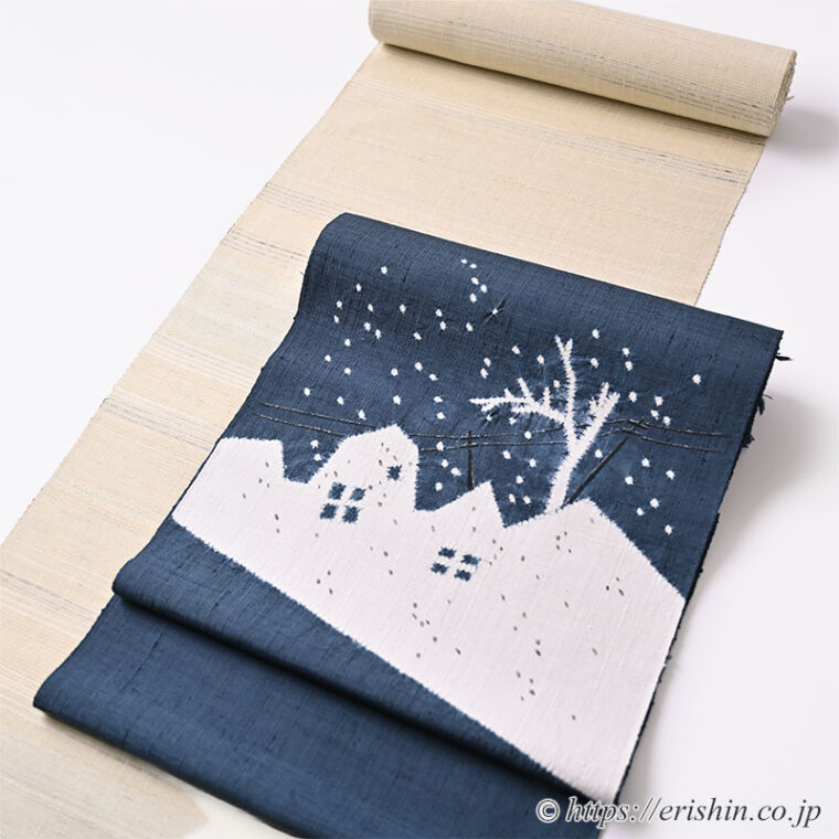 美しいキモノ2025年冬号掲載商品 森健持 染名古屋帯(吹雪・辻ケ花/紬地)「着物と帯・呉服えり新」