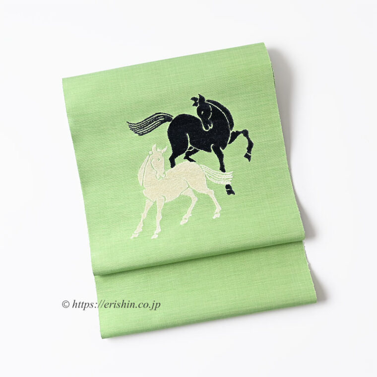 夢訪庵（桝蔵順彦）　九寸織名古屋帯（薫風に集う馬/光悦綴）「着物と帯・呉服えり新」