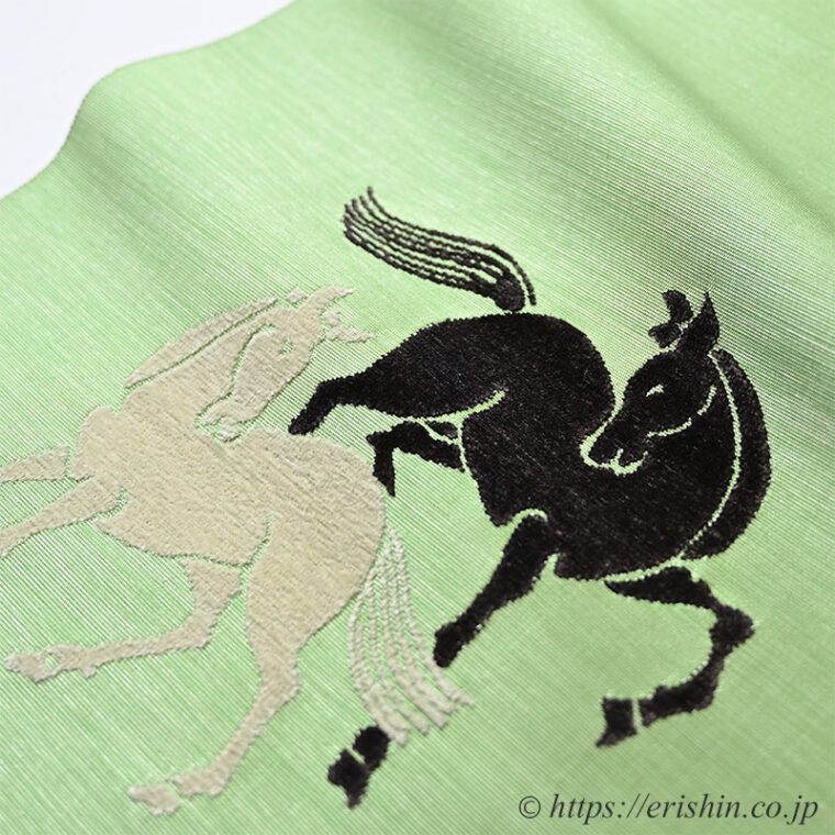 夢訪庵（桝蔵順彦）　九寸織名古屋帯（薫風に集う馬/光悦綴）「着物と帯・呉服えり新」