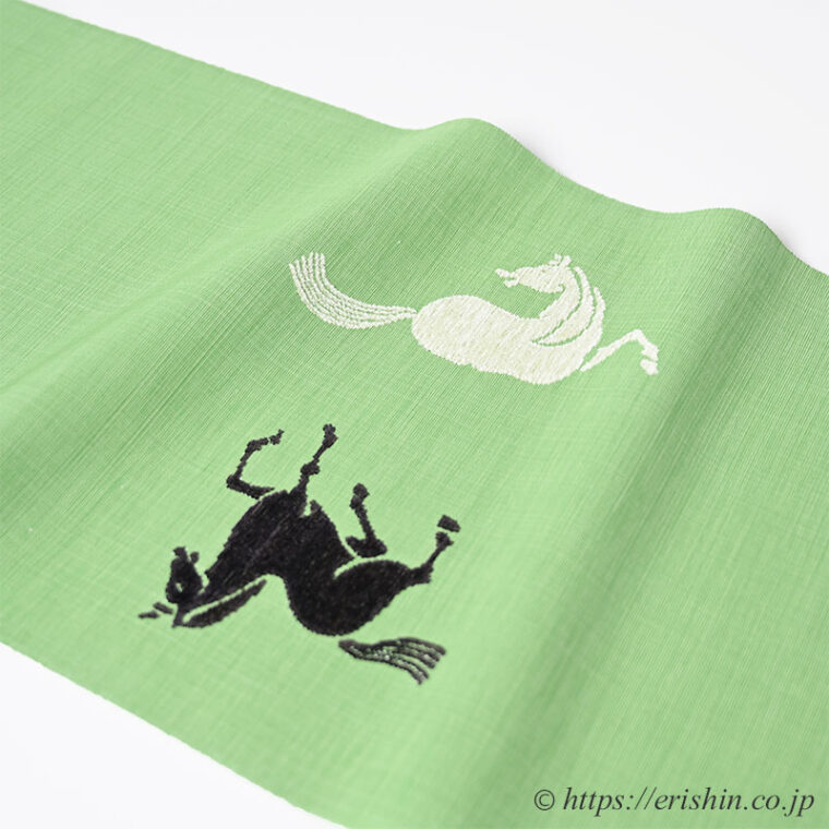 夢訪庵（桝蔵順彦）　九寸織名古屋帯（薫風に集う馬/光悦綴）「着物と帯・呉服えり新」